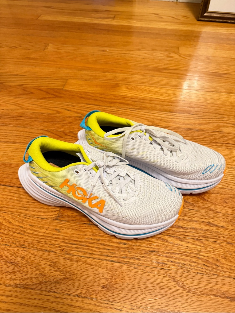 HOKA Bondi X White and Yellow Running Shoes